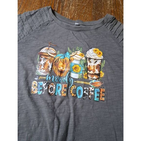 XL Moody Before Coffee Short Sleeve Tee TShirt Top Shirt Cow Coffee Sunflower - Picture 2 of 6